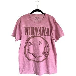 NIRVANA Pink Tie Dye Brown Smiley Face‎ Short Sleeve Tee Unisex Size Medium